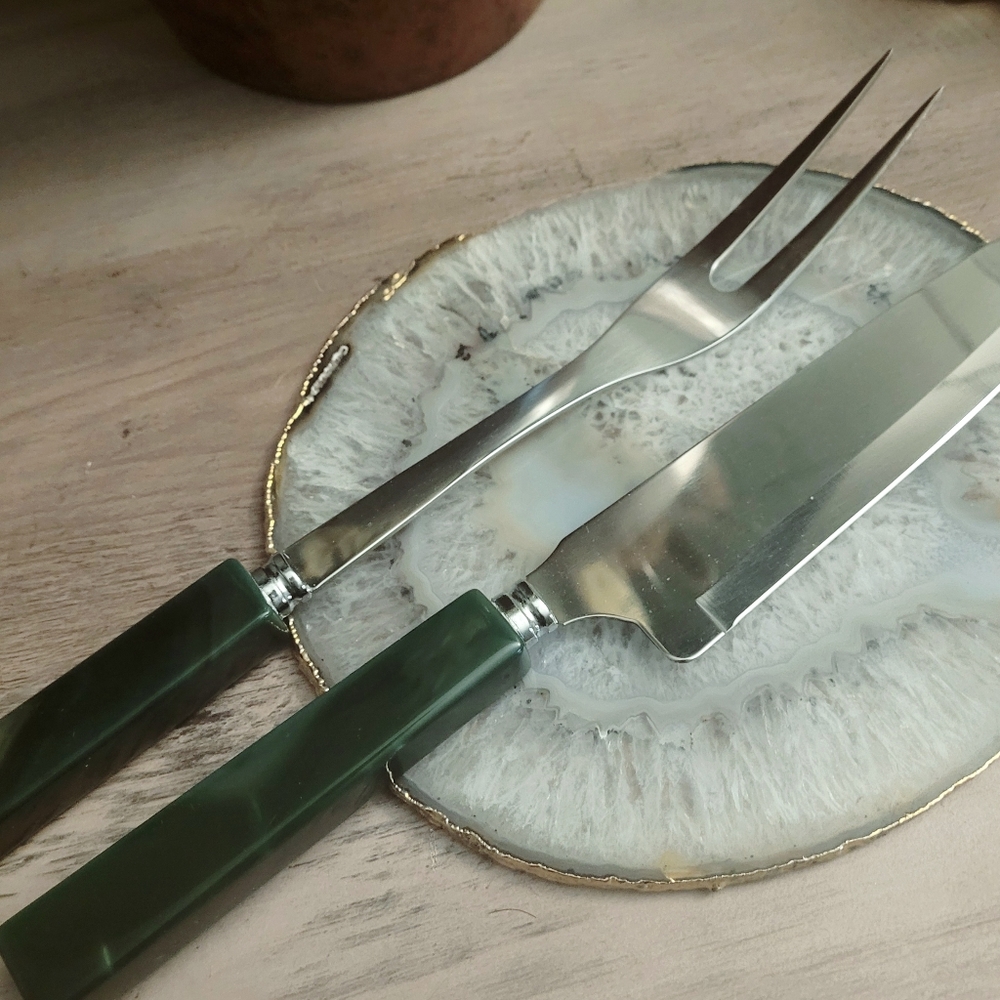 IDEAL 🎁 GIFT SET Carving Knife & Fork 🍴 Polished Green Agate Handle